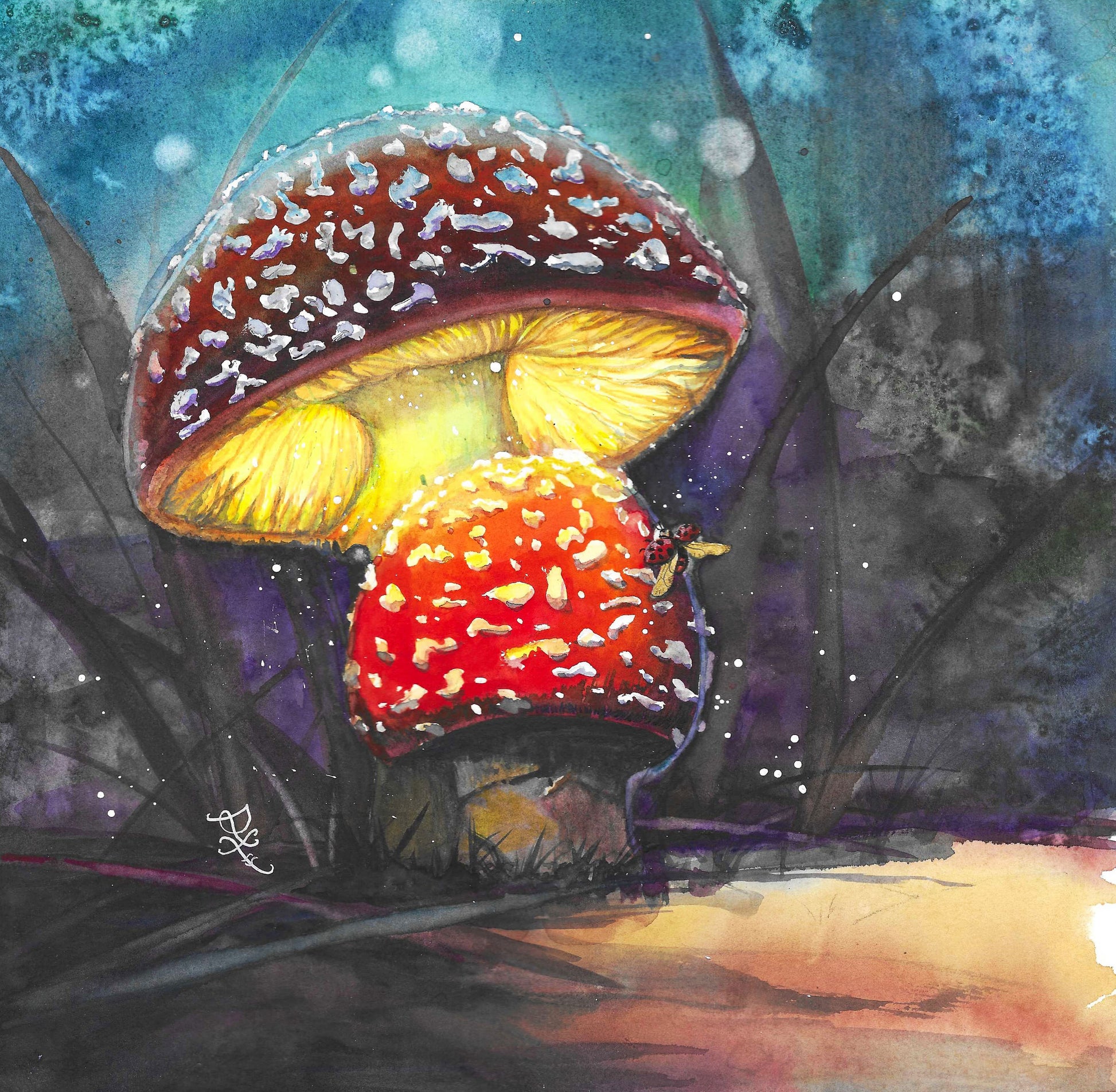 The artwork titled "Glowing Mushroom" captures a captivating fairy tale scene, featuring two charming toadstool mushrooms that emit a soft, mesmerizing glow. Their luminescent caps are painted in vibrant hues, contrasting beautifully with the deepening indigo of the evening sky.