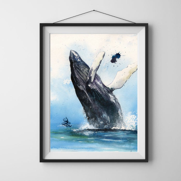 The artwork titled "Humpback Whale" beautifully captures the grandeur of a breaching humpback whale as it gracefully leaps from the ocean's depths, sending a spectacular spray of water cascading around it. Watercolor painting by Sophie Xie Dream In Watercolor. This stunning painting is available as a print on my website, http://www.dreaminwatercolor.com