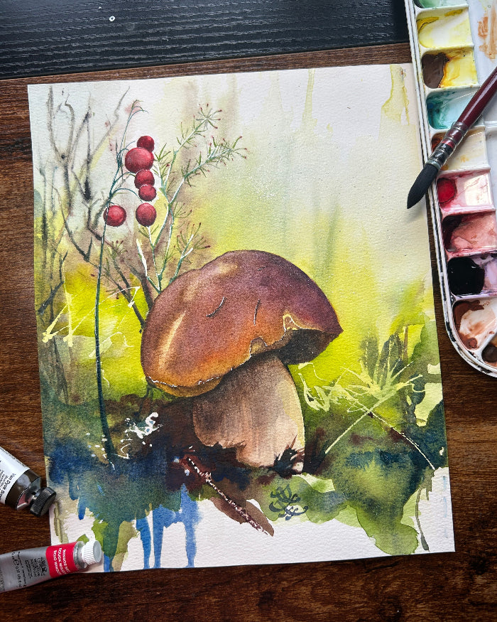 Bolete / penny bun mushroom Watercolor painting by Sophie Xie Dream In Watercolor. This stunning painting is available as a print on my website, http://www.dreaminwatercolor.com