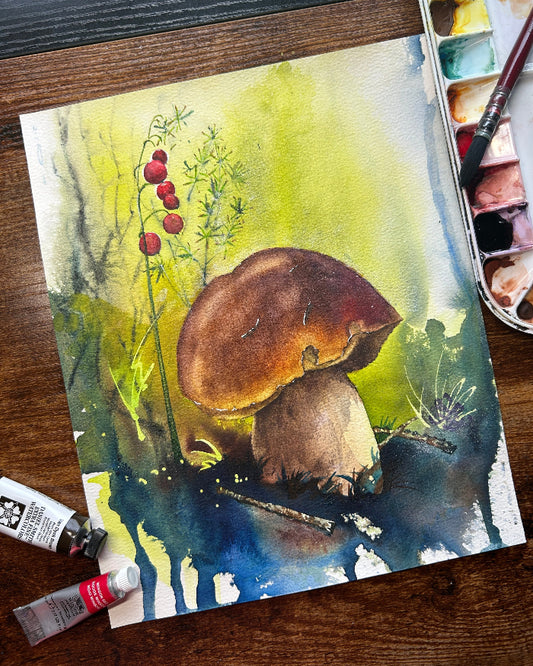 Bolete / penny bun mushroom Watercolor painting by Sophie Xie Dream In Watercolor. This stunning painting is available as a print on my website, http://www.dreaminwatercolor.com