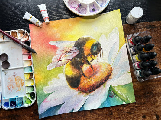 Bee Happy Bumble Bee painting part of dream and light collection Watercolor painting by Sophie Xie Dream In Watercolor. This stunning painting is available as a print on my website, http://www.dreaminwatercolor.com