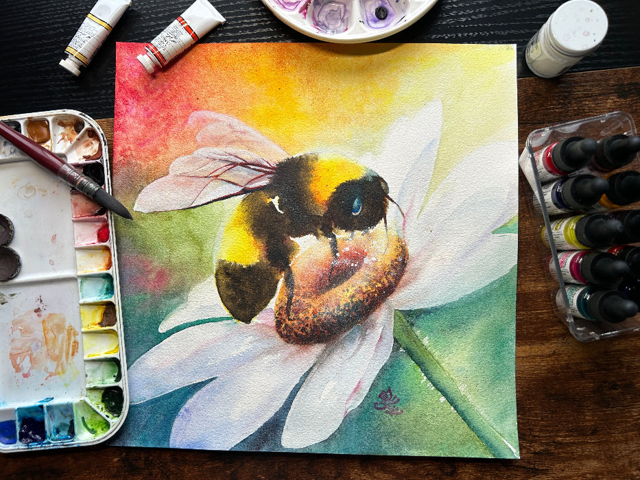 Bee Happy Bumble Bee painting part of dream and light collection Watercolor painting by Sophie Xie Dream In Watercolor. This stunning painting is available as a print on my website, http://www.dreaminwatercolor.com