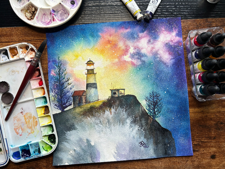 cape disappointment lighthouse painting as part of dream and light collection Watercolor painting by Sophie Xie Dream In Watercolor. This stunning painting is available as a print on my website, http://www.dreaminwatercolor.com.