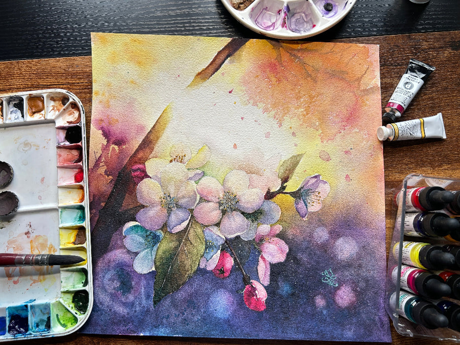 plum blossom dream and light collection Watercolor painting by Sophie Xie Dream In Watercolor. This stunning painting is available as a print on my website, http://www.dreaminwatercolor.com