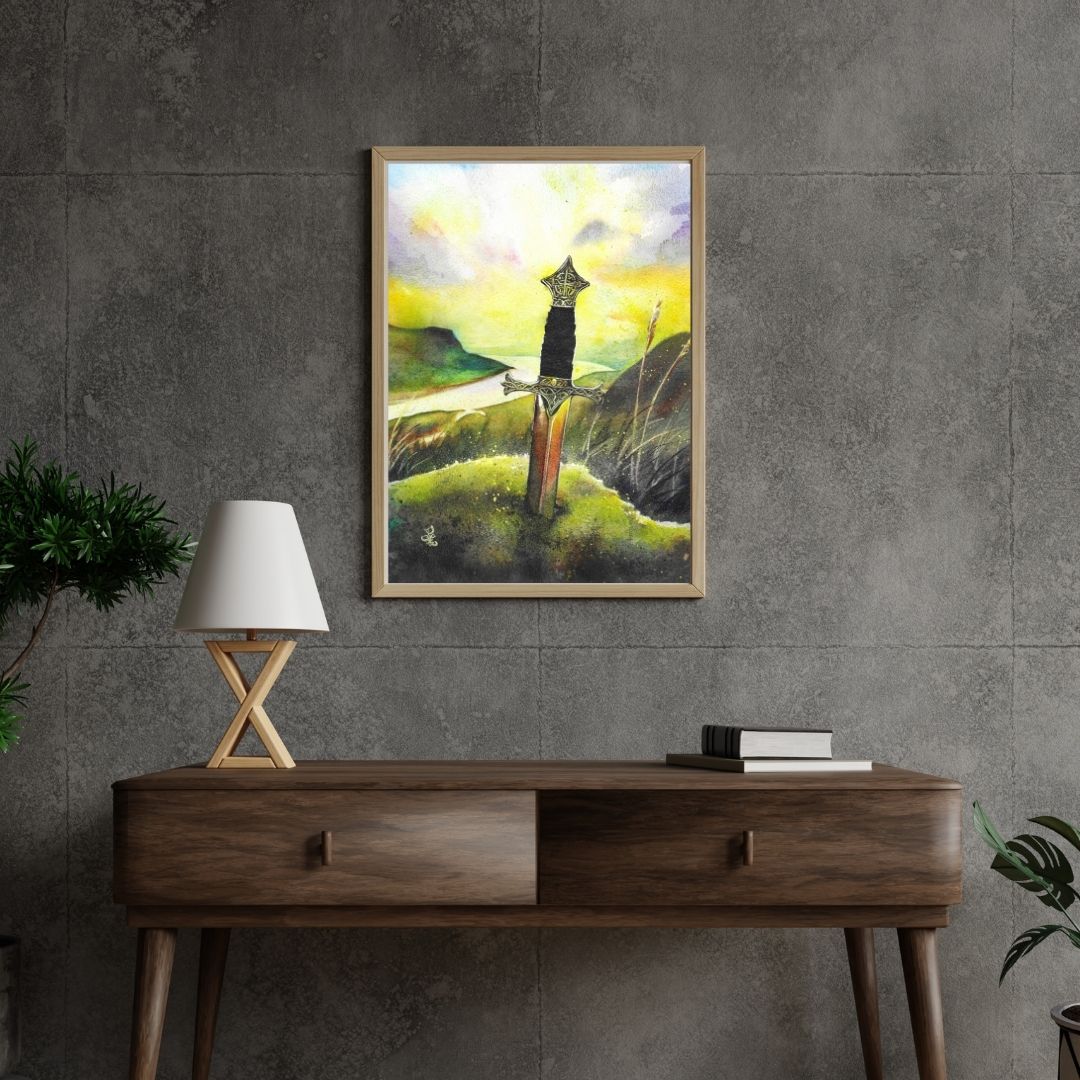 The artwork titled "Legend" portrays a mesmerizing medieval scene, where a magnificent sword is firmly embedded in a weathered stone, symbolizing the strength and destiny of a future ruler. The sword, gleaming in the fading light, rises boldly on a windswept hill, its blade catching the last rays of sunlight. Below, the kingdom stretches out, bathed in golden hues as the sun dips below the horizon, casting a warm glow over the land, hinting at the legend waiting to be fulfilled.
