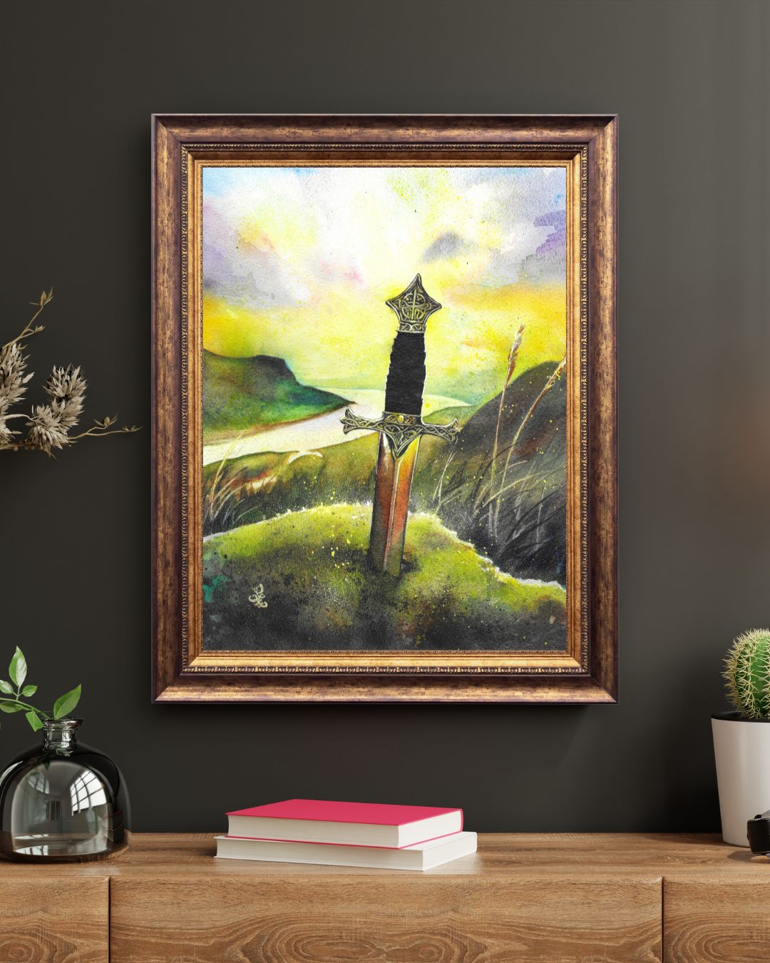 The artwork titled "Legend" portrays a mesmerizing medieval scene, where a magnificent sword is firmly embedded in a weathered stone, symbolizing the strength and destiny of a future ruler. The sword, gleaming in the fading light, rises boldly on a windswept hill, its blade catching the last rays of sunlight. Below, the kingdom stretches out, bathed in golden hues as the sun dips below the horizon, casting a warm glow over the land, hinting at the legend waiting to be fulfilled.