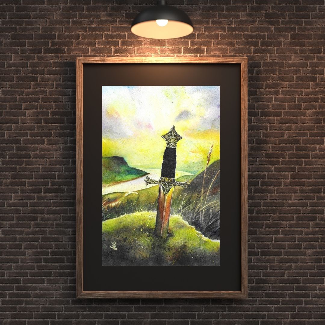 The artwork titled "Legend" portrays a mesmerizing medieval scene, where a magnificent sword is firmly embedded in a weathered stone, symbolizing the strength and destiny of a future ruler. The sword, gleaming in the fading light, rises boldly on a windswept hill, its blade catching the last rays of sunlight. Below, the kingdom stretches out, bathed in golden hues as the sun dips below the horizon, casting a warm glow over the land, hinting at the legend waiting to be fulfilled.