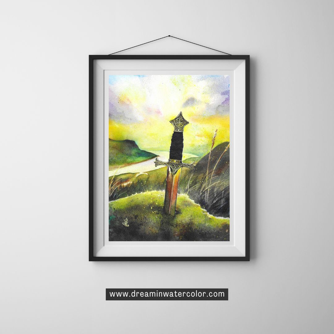 The artwork titled "Legend" portrays a mesmerizing medieval scene, where a magnificent sword is firmly embedded in a weathered stone, symbolizing the strength and destiny of a future ruler. The sword, gleaming in the fading light, rises boldly on a windswept hill, its blade catching the last rays of sunlight. Below, the kingdom stretches out, bathed in golden hues as the sun dips below the horizon, casting a warm glow over the land, hinting at the legend waiting to be fulfilled.