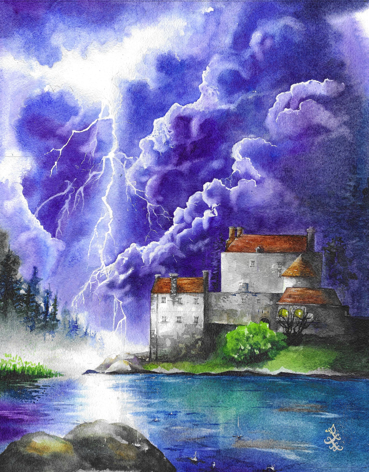 The artwork titled "Storm" vividly captures a medieval castle perched on the shores of a dark lake, as ominous storm clouds gather overhead. The scene is further intensified by streaks of bright lightning that cleave through the sky, illuminating the castle's stone walls. The atmosphere is charged with a sense of drama and power, reflecting the raw forces of nature at play.