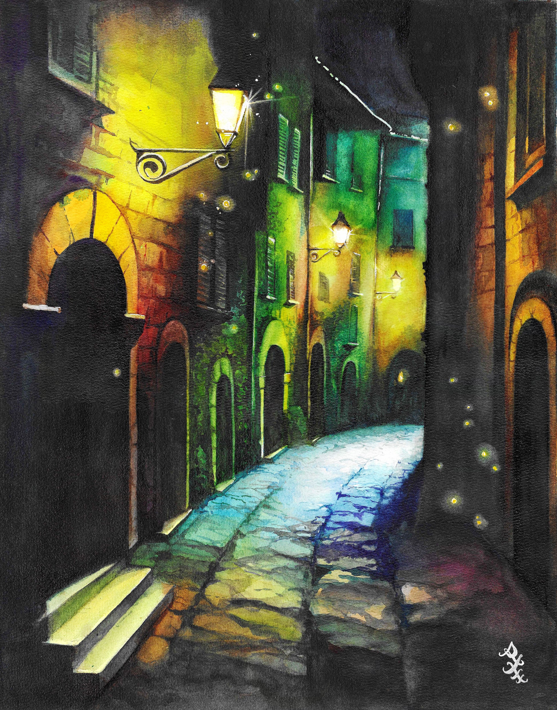 The piece titled "Alley" vividly captures the enchanting ambiance of a medieval town’s narrow alleyway on a lazy summer night. Soft beams from flickering fire lamps and glowing street lamps bathe the cobblestone path in a warm, golden light, creating a tranquil and almost magical atmosphere.&nbsp;