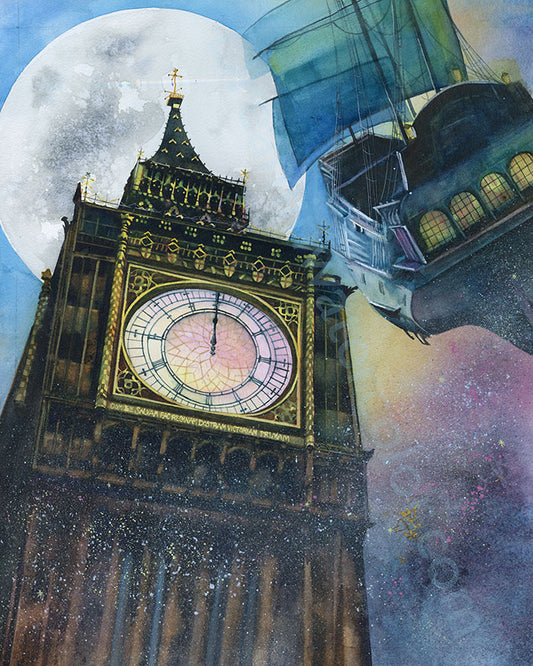 Illustration of a clock tower with a moonlit sky and pirate ship in the background. Midnight Watercolor painting by Sophie Xie Dream In Watercolor. This stunning painting is available as a print on my website, http://www.dreaminwatercolor.com