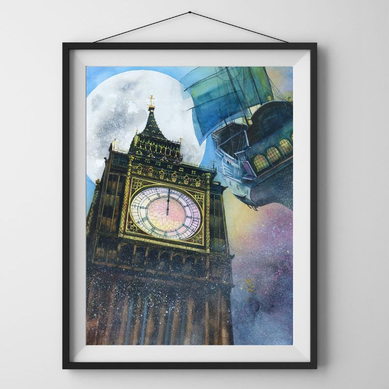 Illustration of a clock tower with a moonlit sky and pirate ship in the background. Midnight Watercolor painting by Sophie Xie Dream In Watercolor. This stunning painting is available as a print on my website, http://www.dreaminwatercolor.com