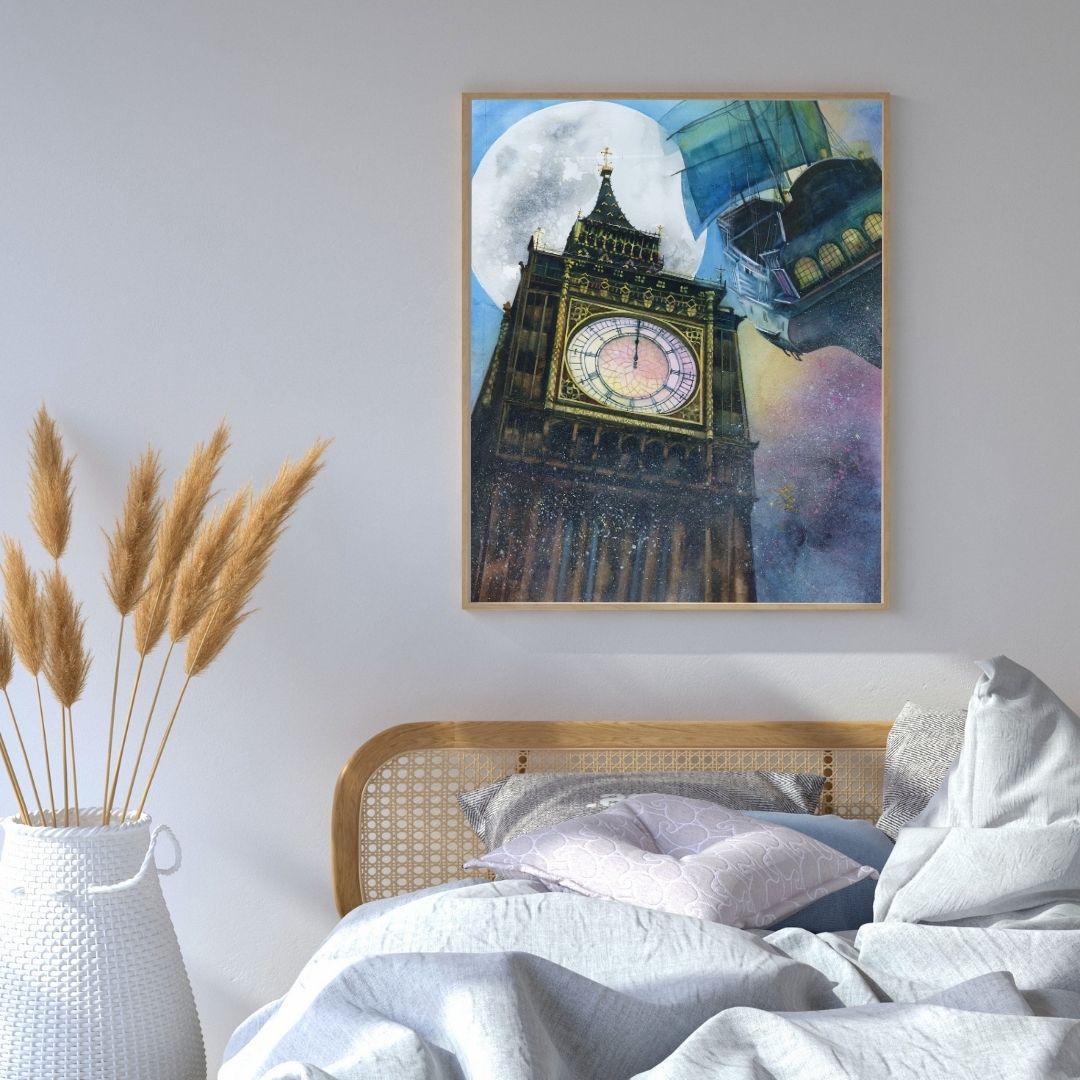 Illustration of a clock tower with a moonlit sky and pirate ship in the background. Midnight Watercolor painting by Sophie Xie Dream In Watercolor. This stunning painting is available as a print on my website, http://www.dreaminwatercolor.com
