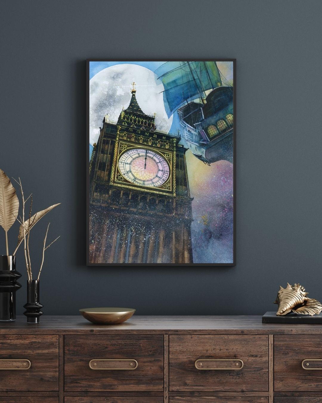 Illustration of a clock tower with a moonlit sky and pirate ship in the background. Midnight Watercolor painting by Sophie Xie Dream In Watercolor. This stunning painting is available as a print on my website, http://www.dreaminwatercolor.com