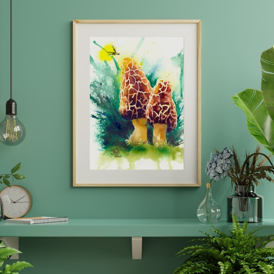 Morel mushrooms Watercolor painting by Sophie Xie Dream In Watercolor. This stunning painting is available as a print on my website, http://www.dreaminwatercolor.com