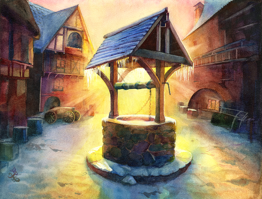 The piece titled "Morning" beautifully captures the hopeful sunrise casting a warm golden glow over a quaint medieval town square. As the first rays of sunlight break through the horizon, they illuminate the frosted rooftops and create a shimmering effect on the snow, evoking a sense of tranquility and new beginnings on this wintry morning. Watercolor painting by Sophie Xie Dream In Watercolor. This stunning painting is available as a print on my website, http://www.dreaminwatercolor.com