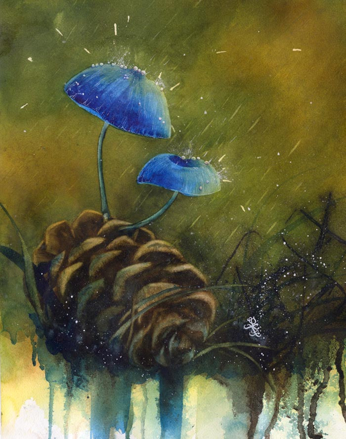 Artistic depiction of blue mushrooms and a pine cone with a watercolor style. Watercolor painting by Sophie Xie Dream In Watercolor. This stunning painting is available as a print on my website, http://www.dreaminwatercolor.com