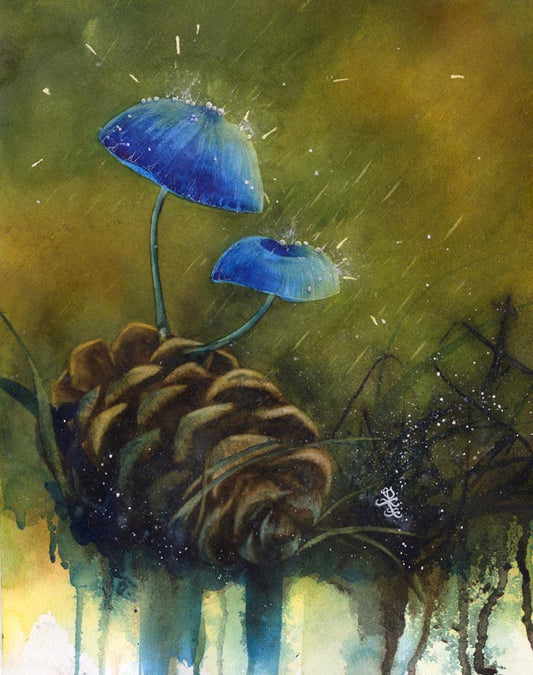 Artistic depiction of blue mushrooms and a pine cone with a watercolor style. Watercolor painting by Sophie Xie Dream In Watercolor. This stunning painting is available as a print on my website, http://www.dreaminwatercolor.com