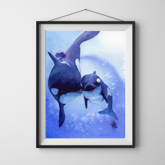 The artwork titled "Orcas: Mom and Me" is a whimsical watercolor painting of ocean creatures that celebrates the strong bond between an orca mother and her offspring. It's a great gift for Mother's Day or baby room. Watercolor painting by Sophie Xie Dream In Watercolor. This stunning painting is available as a print on my website, http://www.dreaminwatercolor.com