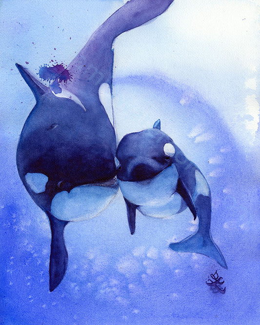 The artwork titled "Orcas: Mom and Me" is a whimsical watercolor painting of ocean creatures that celebrates the strong bond between an orca mother and her offspring. It's a great gift for Mother's Day or baby room. Watercolor painting by Sophie Xie Dream In Watercolor. This stunning painting is available as a print on my website, http://www.dreaminwatercolor.com