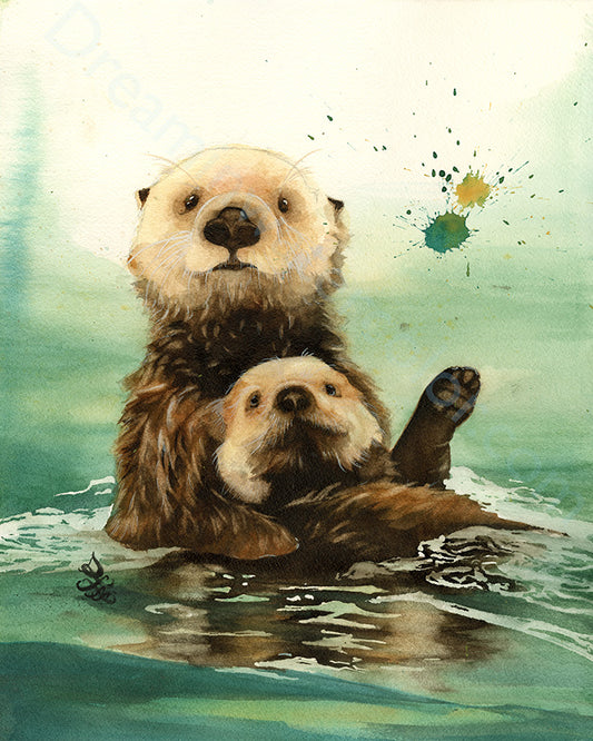 The artwork titled "Sea Otters: Mom and Me" features a cozy painting of a mother and baby sea otter floating in the turquoise sea. Watercolor painting by Sophie Xie Dream In Watercolor. This stunning painting is available as a print on my website, http://www.dreaminwatercolor.com
