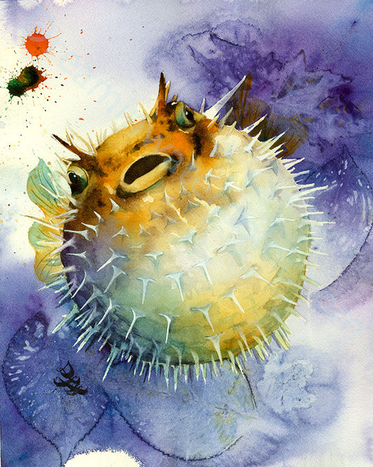 The artwork titled "Pufferfish" showcases a vividly humorous and somewhat grouchy pufferfish, set against a captivating abstract background inspired by the beauty of nature. Watercolor painting by Sophie Xie Dream In Watercolor. This stunning painting is available as a print on my website, http://www.dreaminwatercolor.com