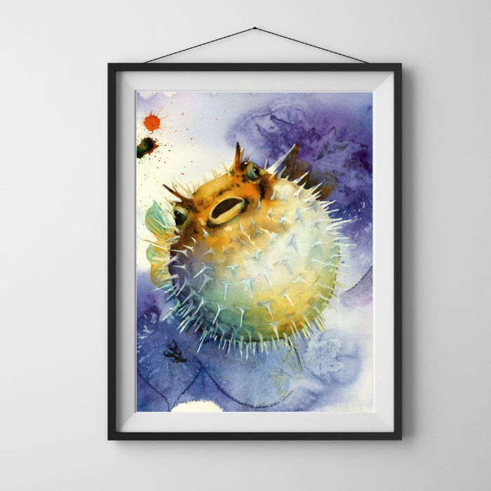 The artwork titled "Pufferfish" showcases a vividly humorous and somewhat grouchy pufferfish, set against a captivating abstract background inspired by the beauty of nature. Watercolor painting by Sophie Xie Dream In Watercolor. This stunning painting is available as a print on my website, http://www.dreaminwatercolor.com