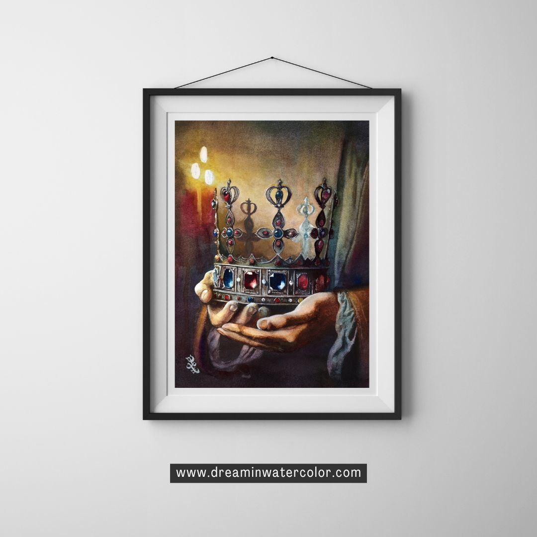 The artwork titled "Reign" vividly captures a medieval scene, immersing the viewer in an aura of intrigue and majesty. At the center of the composition lies a stunning jeweled crown, intricately designed and glimmering with the brilliance of precious stones, each facet reflecting the light in a dazzling display. This crown serves as a powerful symbol of sovereign authority, embodying the weight of leadership and the ultimate command to govern.