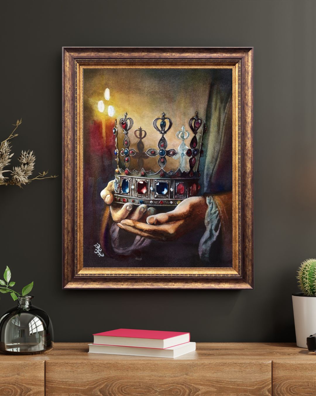 The artwork titled "Reign" vividly captures a medieval scene, immersing the viewer in an aura of intrigue and majesty. At the center of the composition lies a stunning jeweled crown, intricately designed and glimmering with the brilliance of precious stones, each facet reflecting the light in a dazzling display. This crown serves as a powerful symbol of sovereign authority, embodying the weight of leadership and the ultimate command to govern.