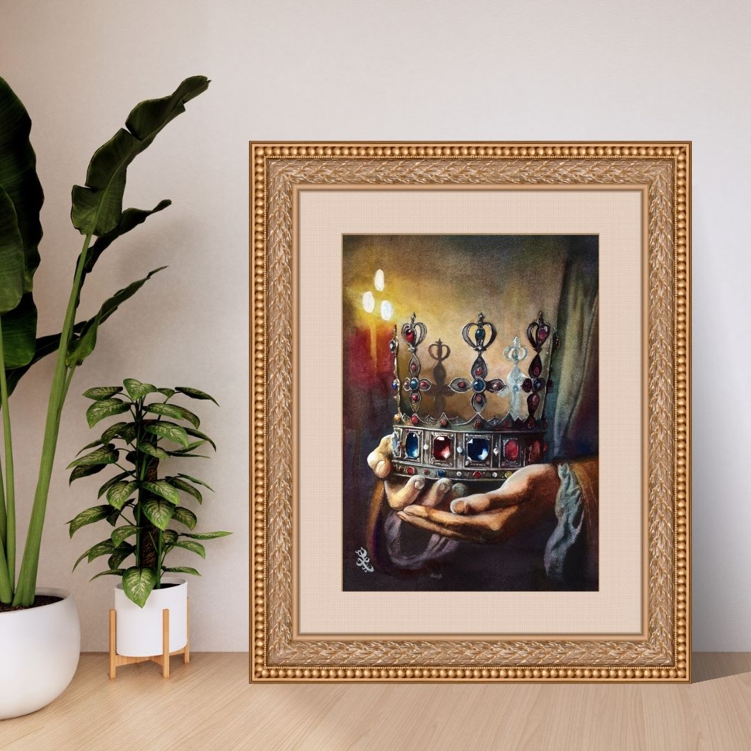 The artwork titled "Reign" vividly captures a medieval scene, immersing the viewer in an aura of intrigue and majesty. At the center of the composition lies a stunning jeweled crown, intricately designed and glimmering with the brilliance of precious stones, each facet reflecting the light in a dazzling display. This crown serves as a powerful symbol of sovereign authority, embodying the weight of leadership and the ultimate command to govern.