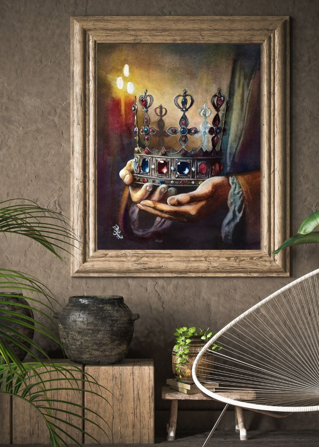 The artwork titled "Reign" vividly captures a medieval scene, immersing the viewer in an aura of intrigue and majesty. At the center of the composition lies a stunning jeweled crown, intricately designed and glimmering with the brilliance of precious stones, each facet reflecting the light in a dazzling display. This crown serves as a powerful symbol of sovereign authority, embodying the weight of leadership and the ultimate command to govern.