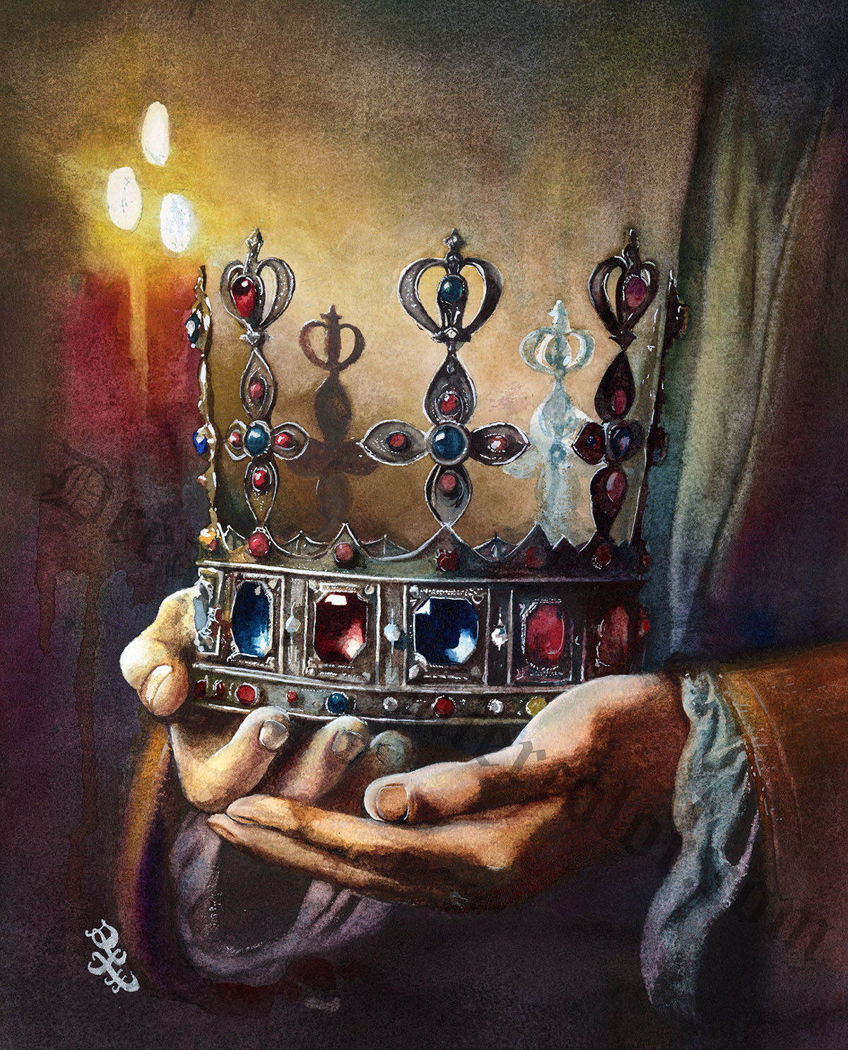 The artwork titled "Reign" vividly captures a medieval scene, immersing the viewer in an aura of intrigue and majesty. At the center of the composition lies a stunning jeweled crown, intricately designed and glimmering with the brilliance of precious stones, each facet reflecting the light in a dazzling display. This crown serves as a powerful symbol of sovereign authority, embodying the weight of leadership and the ultimate command to govern.