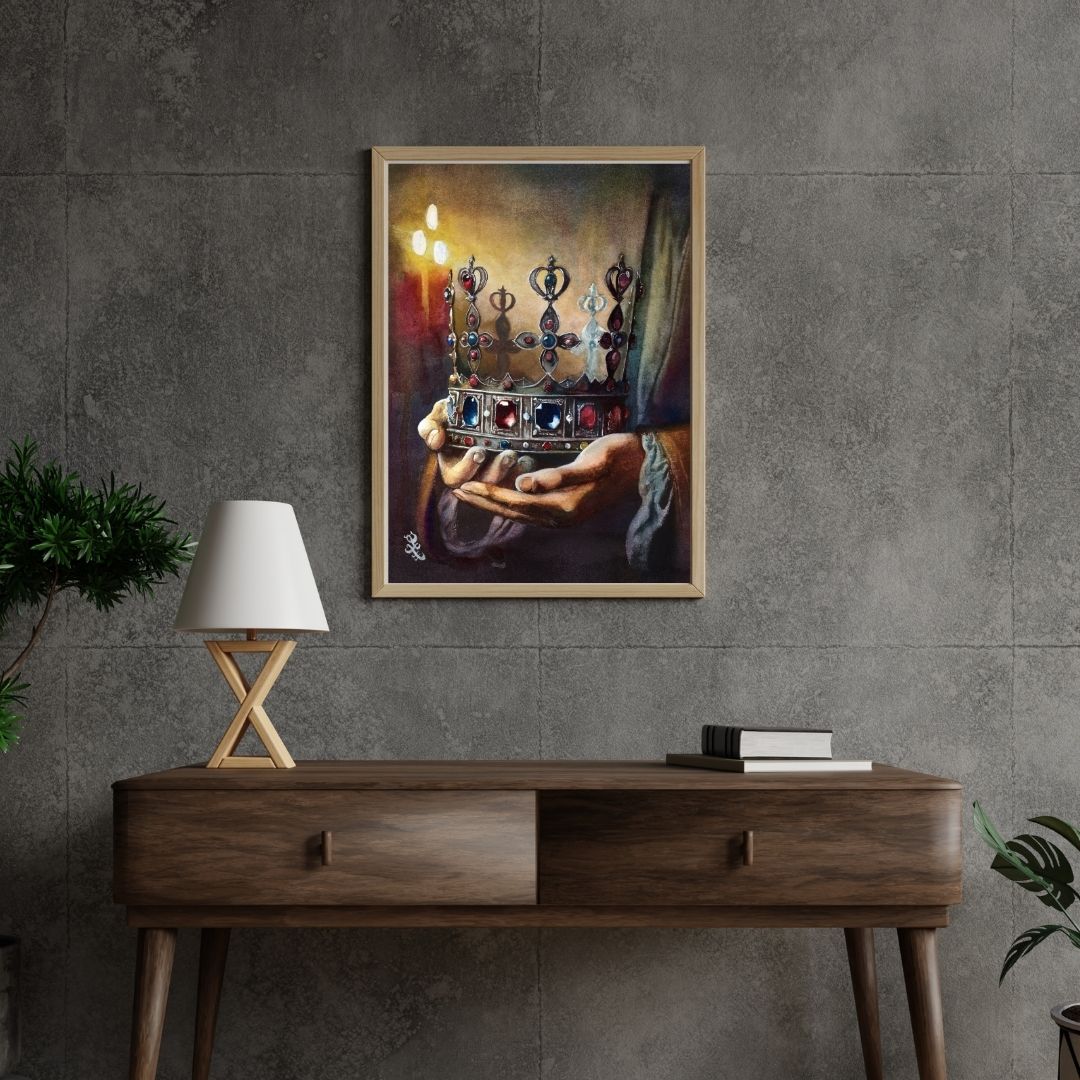 The artwork titled "Reign" vividly captures a medieval scene, immersing the viewer in an aura of intrigue and majesty. At the center of the composition lies a stunning jeweled crown, intricately designed and glimmering with the brilliance of precious stones, each facet reflecting the light in a dazzling display. This crown serves as a powerful symbol of sovereign authority, embodying the weight of leadership and the ultimate command to govern.