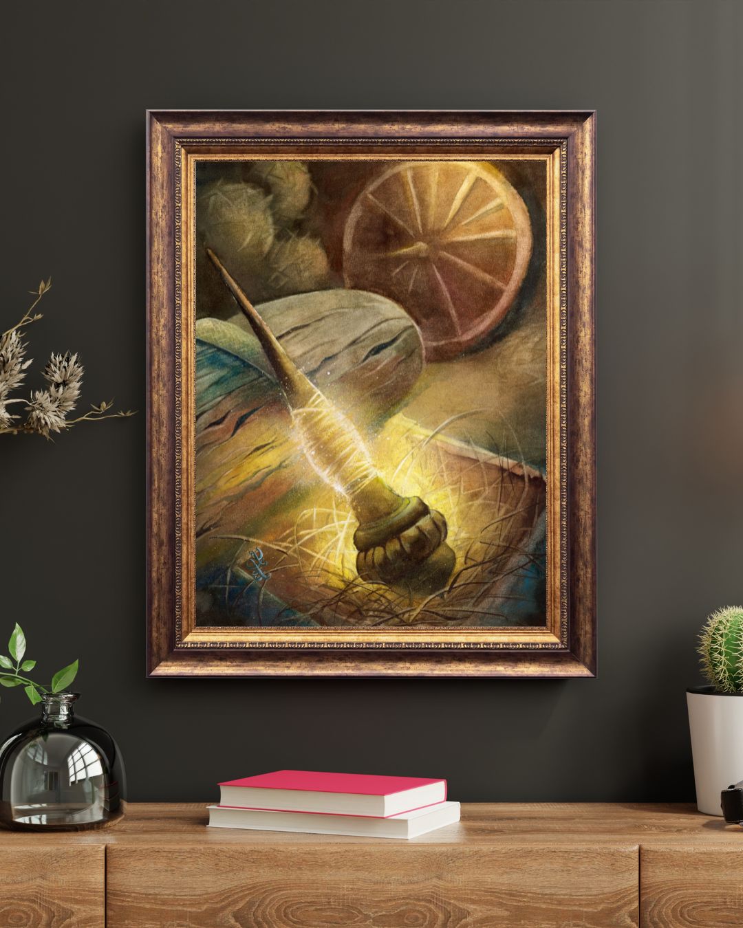 The artwork titled "Rumpelstiltskin" is my illustration of the classic tale about the magic of spinning straw into threads of gold. The spindle and spinning wheel are staples of medieval household life and symbolize womanhood during that era. These simple spindles interweave the stories of medieval fairy tales such as "Sleeping Beauty" and "Rumpelstiltskin," bridging the gap between the everyday lives of commoners and the timeless realms of imagination.