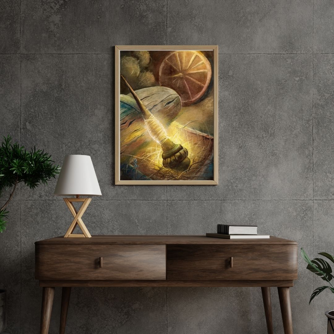 The artwork titled "Rumpelstiltskin" is my illustration of the classic tale about the magic of spinning straw into threads of gold. The spindle and spinning wheel are staples of medieval household life and symbolize womanhood during that era. These simple spindles interweave the stories of medieval fairy tales such as "Sleeping Beauty" and "Rumpelstiltskin," bridging the gap between the everyday lives of commoners and the timeless realms of imagination.