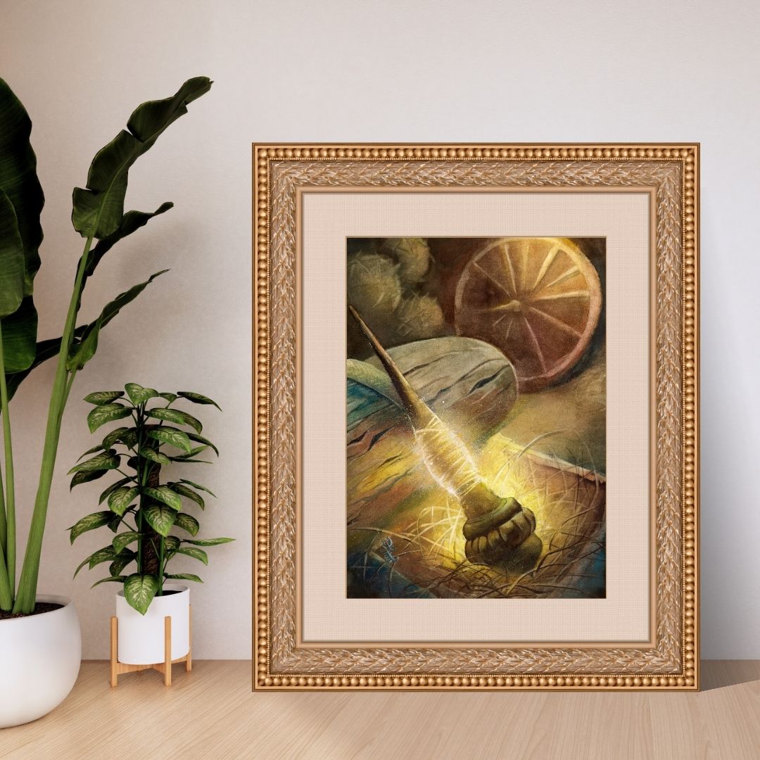 The artwork titled "Rumpelstiltskin" is my illustration of the classic tale about the magic of spinning straw into threads of gold. The spindle and spinning wheel are staples of medieval household life and symbolize womanhood during that era. These simple spindles interweave the stories of medieval fairy tales such as "Sleeping Beauty" and "Rumpelstiltskin," bridging the gap between the everyday lives of commoners and the timeless realms of imagination.