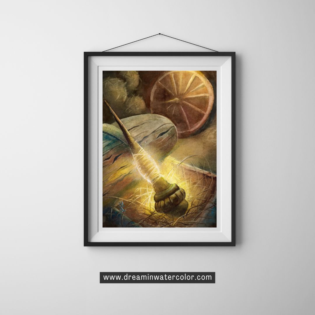 The artwork titled "Rumpelstiltskin" is my illustration of the classic tale about the magic of spinning straw into threads of gold. The spindle and spinning wheel are staples of medieval household life and symbolize womanhood during that era. These simple spindles interweave the stories of medieval fairy tales such as "Sleeping Beauty" and "Rumpelstiltskin," bridging the gap between the everyday lives of commoners and the timeless realms of imagination.
