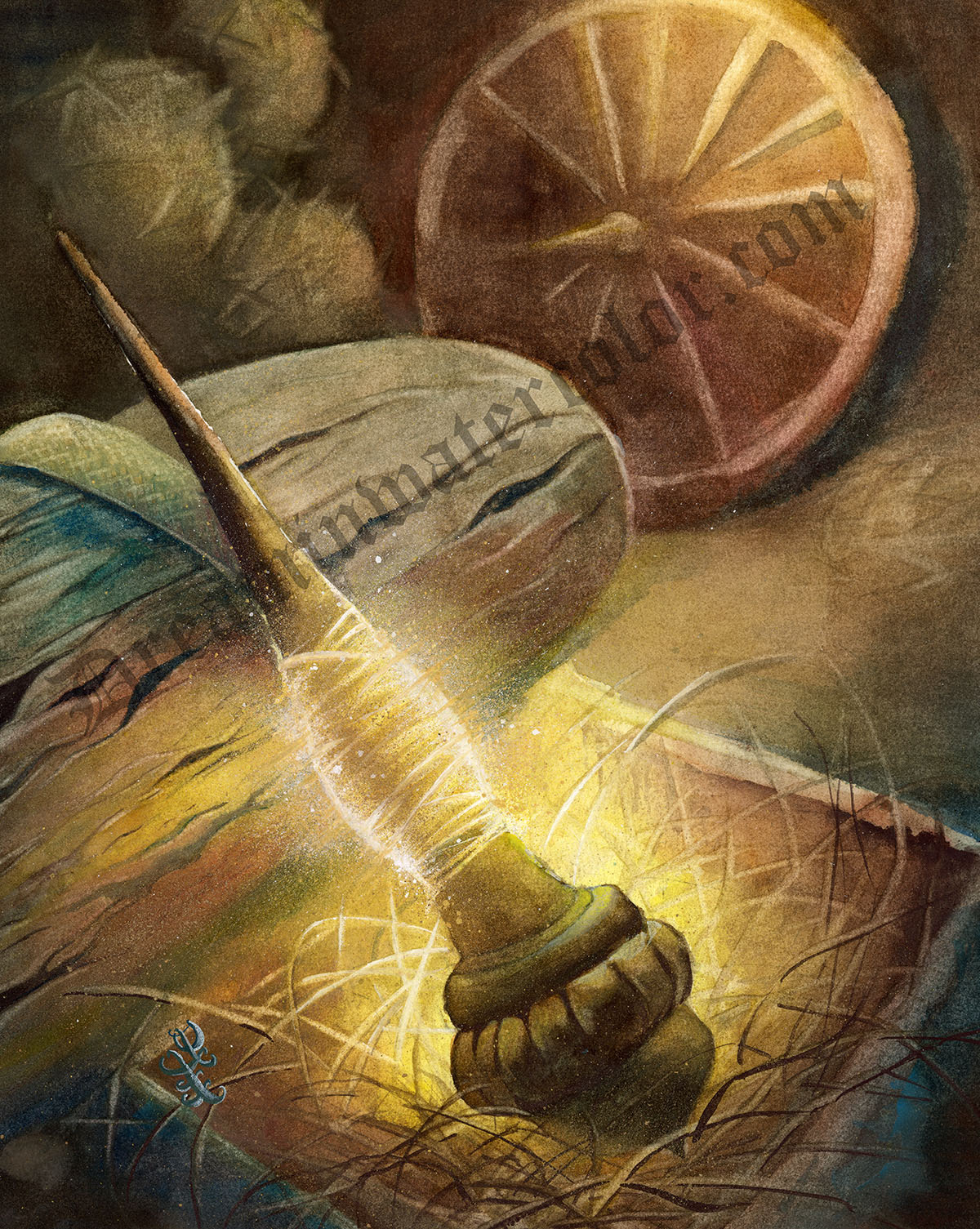 The artwork titled "Rumpelstiltskin" is my illustration of the classic tale about the magic of spinning straw into threads of gold. The spindle and spinning wheel are staples of medieval household life and symbolize womanhood during that era. These simple spindles interweave the stories of medieval fairy tales such as "Sleeping Beauty" and "Rumpelstiltskin," bridging the gap between the everyday lives of commoners and the timeless realms of imagination.