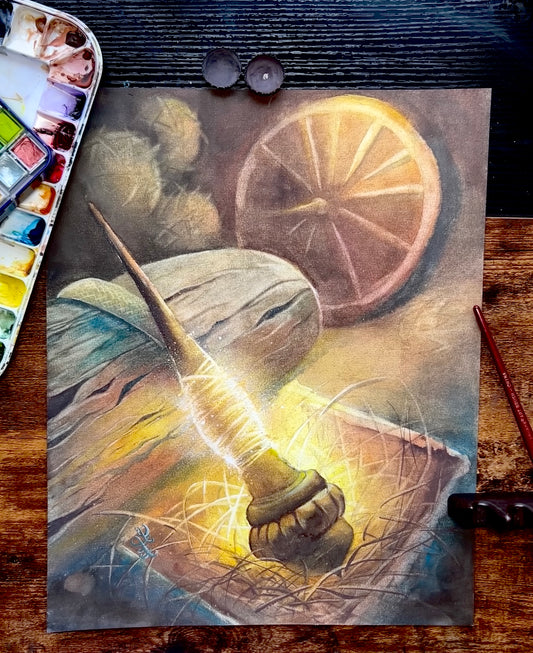 The artwork titled "Rumpelstiltskin" is my illustration of the classic tale about the magic of spinning straw into threads of gold. The spindle and spinning wheel are staples of medieval household life and symbolize womanhood during that era. These simple spindles interweave the stories of medieval fairy tales such as "Sleeping Beauty" and "Rumpelstiltskin," bridging the gap between the everyday lives of commoners and the timeless realms of imagination.