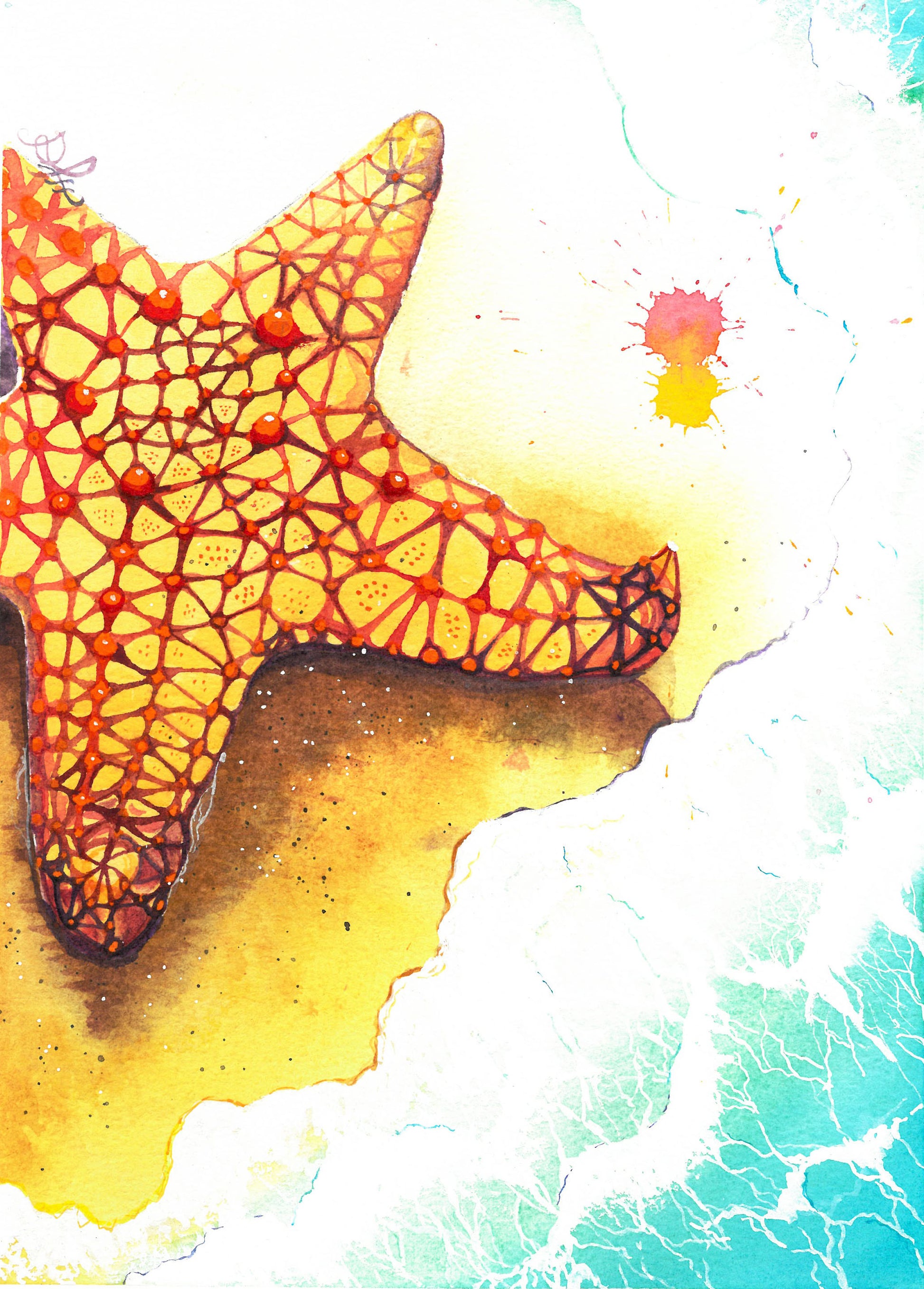 The artwork titled "Starfish" features a stunningly vibrant starfish, adorned with brilliant hues of yellow and red, gracefully positioned on a soft, foamy beach. The intricate details of the starfish contrast beautifully against the shimmering sand, inviting viewers to appreciate the beauty of nature's artistry.
