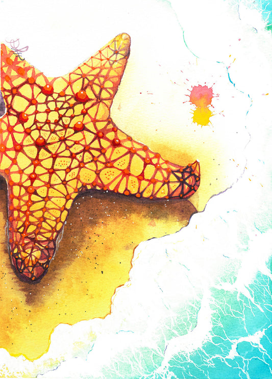 The artwork titled "Starfish" features a stunningly vibrant starfish, adorned with brilliant hues of yellow and red, gracefully positioned on a soft, foamy beach. The intricate details of the starfish contrast beautifully against the shimmering sand, inviting viewers to appreciate the beauty of nature's artistry.