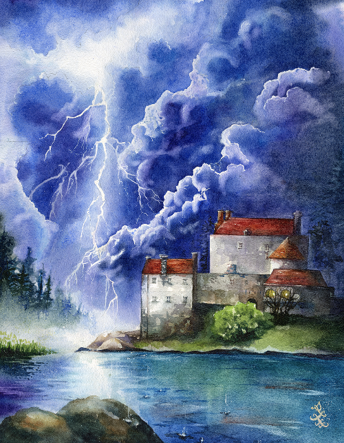 The piece titled "Storm" illustrates a medieval castle over a lake during a dramatic storm, with lightning splitting the sky. The overall scene evokes a sense of both awe and dread, capturing the raw power of nature against the backdrop of human architecture.Watercolor painting by Sophie Xie Dream In Watercolor. This stunning painting is available as a print on my website, http://www.dreaminwatercolor.com