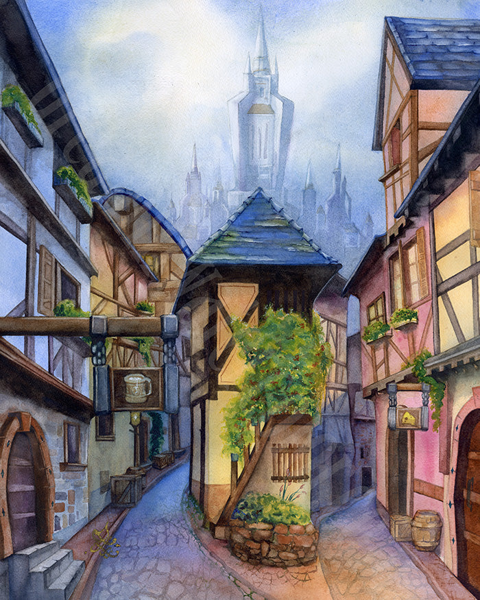 The artwork titled "Stormwind" medieval street depicted in the piece is inspired by the charming French town of Eguisheim, located in the Alsace region. Watercolor painting by Sophie Xie Dream In Watercolor. This stunning painting is available as a print on my website, http://www.dreaminwatercolor.com