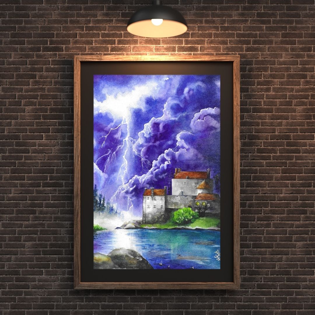 The artwork titled "Storm" vividly captures a medieval castle perched on the shores of a dark lake, as ominous storm clouds gather overhead. The scene is further intensified by streaks of bright lightning that cleave through the sky, illuminating the castle's stone walls. The atmosphere is charged with a sense of drama and power, reflecting the raw forces of nature at play.