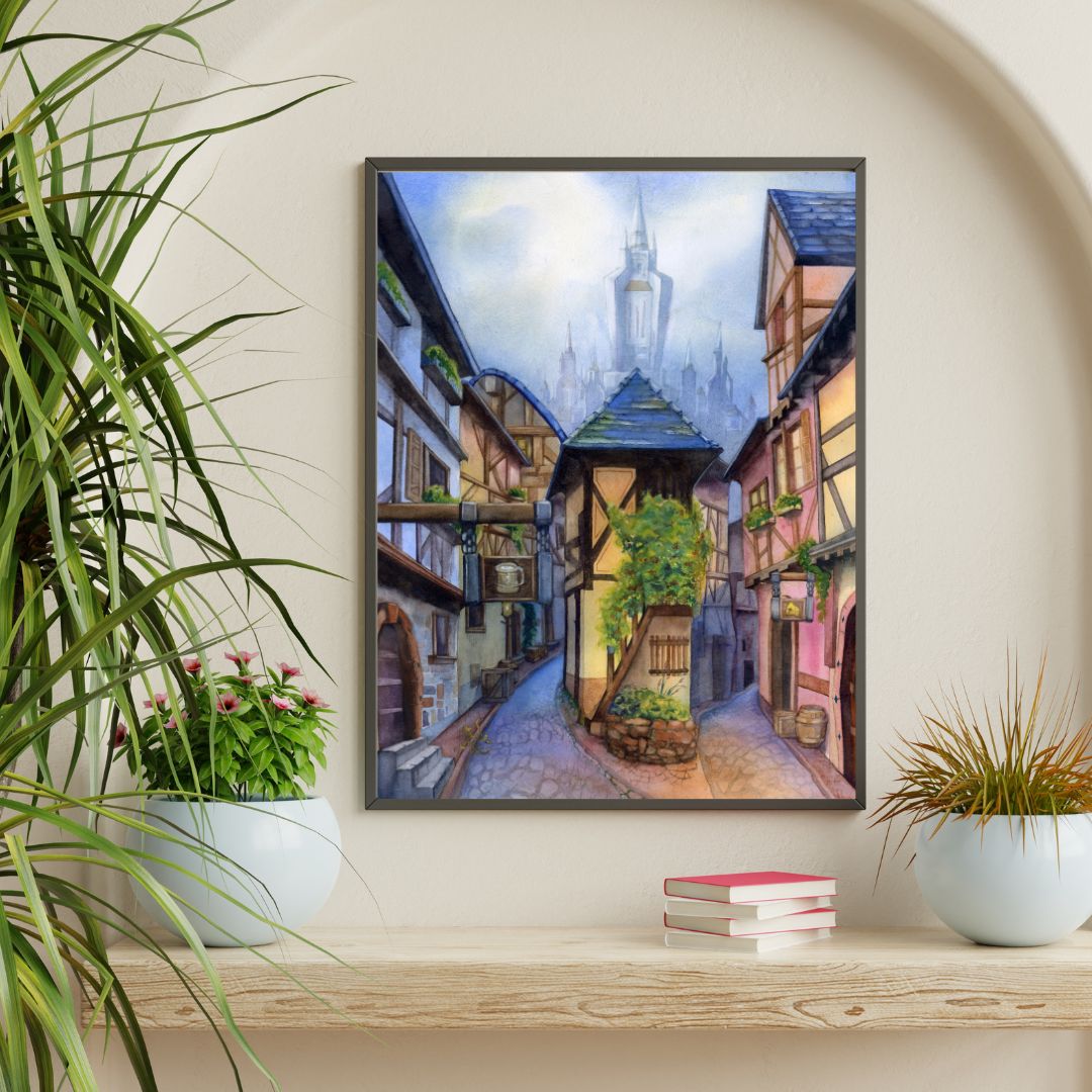 The artwork titled "Stormwind" medieval street depicted in the piece is inspired by the charming French town of Eguisheim, located in the Alsace region. Watercolor painting by Sophie Xie Dream In Watercolor. This stunning painting is available as a print on my website, http://www.dreaminwatercolor.com