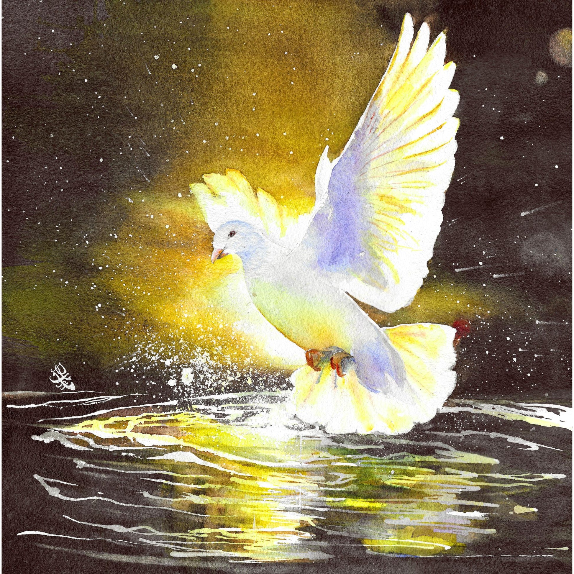 The artwork "Touched By Spirit" beautifully illustrates a serene white dove gracefully gliding above a tranquil pond. As its delicate wings slice through the air, the dove dips down to touch the water's still surface, sending ripples radiating outward and creating a lively explosion of droplets that shimmer in the light. The scene captures a moment of pure elegance and connection between the bird and the water, evoking a sense of peace and harmony in nature and divine force.