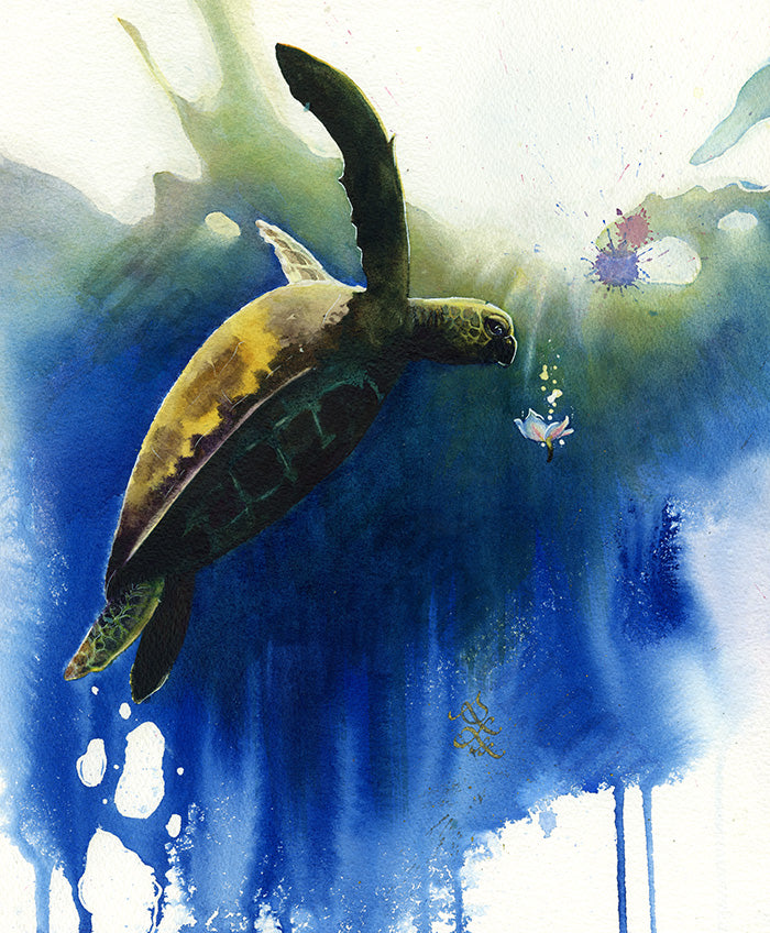 Artistic depiction of a turtle swimming in water with abstract colors. Watercolor painting by Sophie Xie Dream In Watercolor. This stunning painting is available as a print on my website, http://www.dreaminwatercolor.com