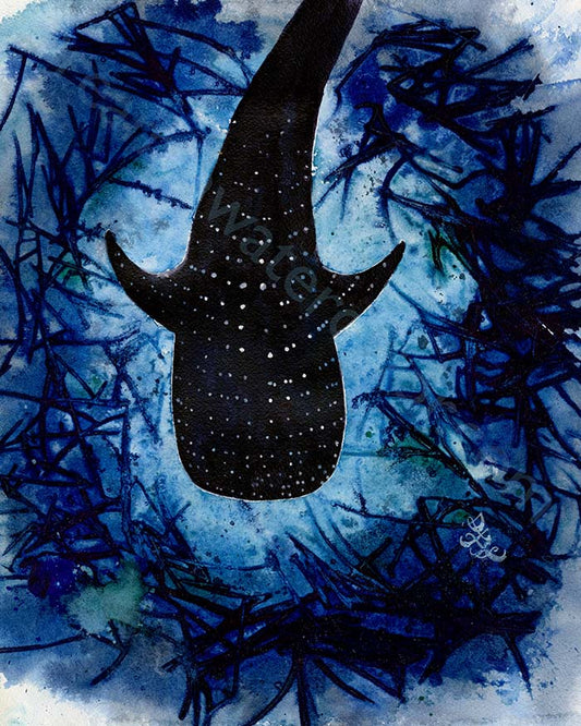 The artwork titled "Whale Shark" features a stunning watercolor painting that vividly depicts a majestic whale shark gliding gracefully through a lush underwater landscape. Watercolor painting by Sophie Xie Dream In Watercolor. This stunning painting is available as a print on my website, http://www.dreaminwatercolor.com