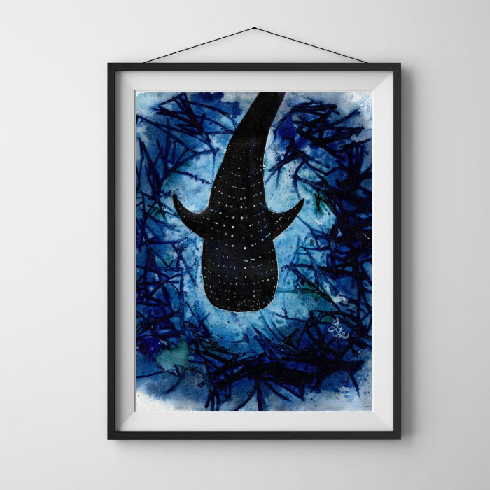 The artwork titled "Whale Shark" features a stunning watercolor painting that vividly depicts a majestic whale shark gliding gracefully through a lush underwater landscape. Watercolor painting by Sophie Xie Dream In Watercolor. This stunning painting is available as a print on my website, http://www.dreaminwatercolor.com