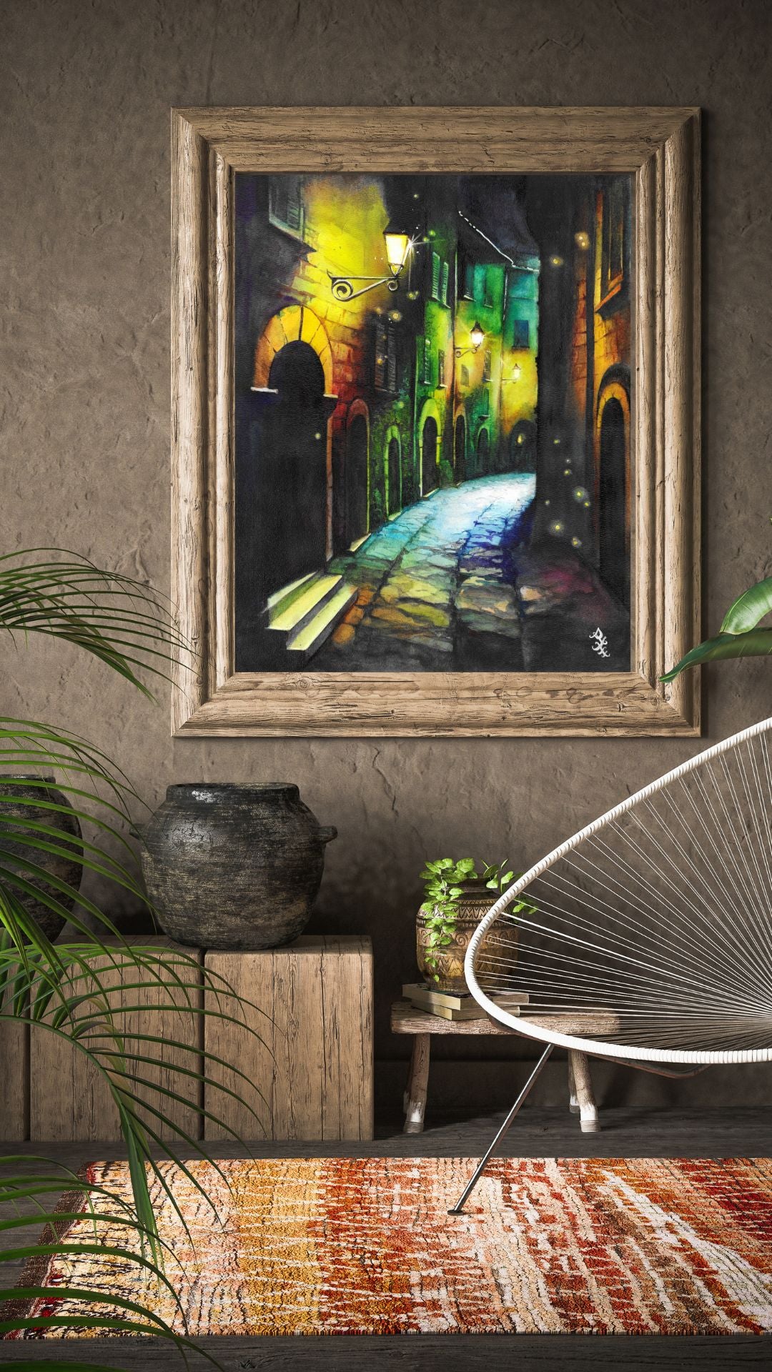 The piece titled "Alley" vividly captures the enchanting ambiance of a medieval town’s narrow alleyway on a lazy summer night. Soft beams from flickering fire lamps and glowing street lamps bathe the cobblestone path in a warm, golden light, creating a tranquil and almost magical atmosphere.